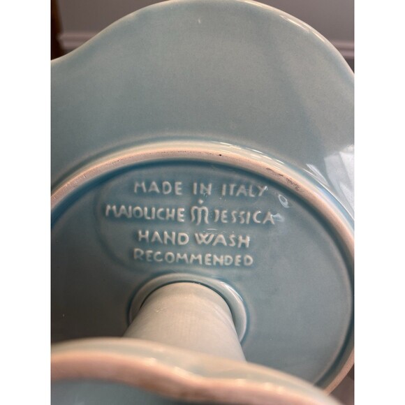 Maioliche Jessica Italy Ceramic Cake Stand Blue Scalloped Pedestal 10.75” - Picture 13 of 15